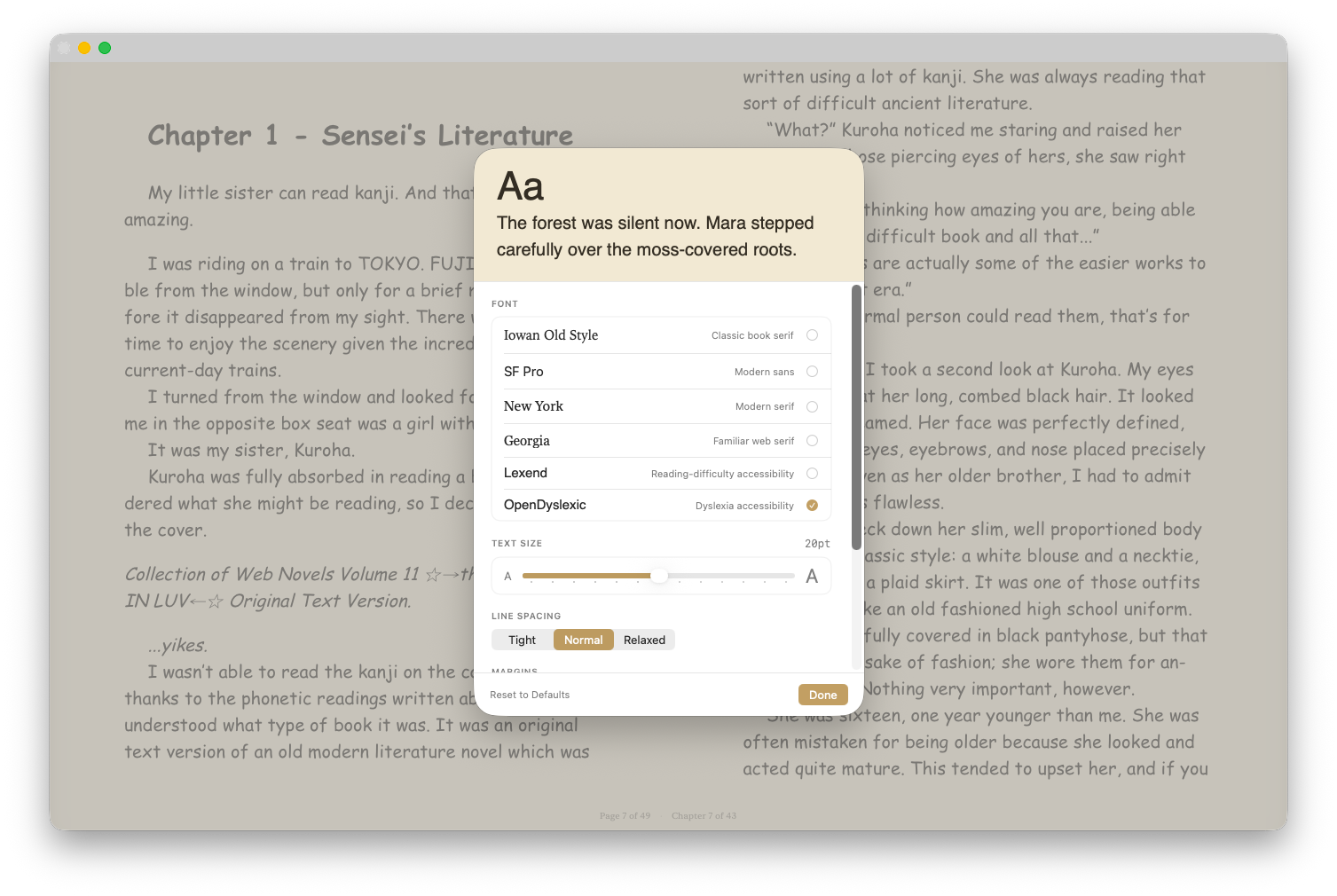 Torika reader settings sheet with font choices including Lexend and OpenDyslexic, plus tunable spacing and contrast
